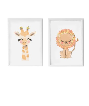 DECOWALL - Pack encadré bois blanc impression le girafe et lion 43X33 cm