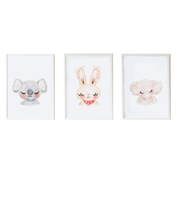 DECOWALL - Confezione di 3 quadri animali in legno bianco incorniciati 43X33 cm