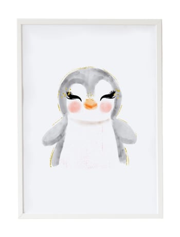 DECOWALL - Lámina Pingüino enmarcada madera blanca 43X33 cm