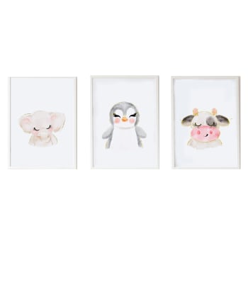 DECOWALL - Pack Láminas Animalitos enmarcada madera blanca 43X33 cm