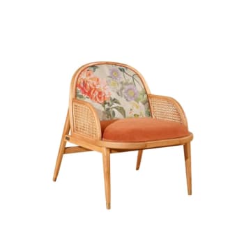 Marcel - Fauteuil en chêne, cannage et velours à motifs