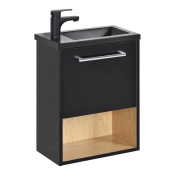 Nika - Meuble lave-mains  Noir intérieur décor chêne + robinet noir