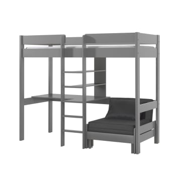 Pino - Lit mezzanine 90x200 sommier inclus fauteuil bureau gris