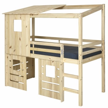 Alma - Cama media alta con casita y colchón madera maciza natural 90x200 cm