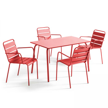 Palavas - Ensemble table de jardin et 4 fauteuils en métal rouge