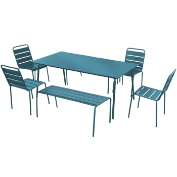 Palavas - Salon de jardin 2 bancs et 4 chaises en acier bleu pacific