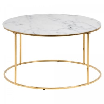 Bolta - Table basse design en verre effet marbre blanc pied doré