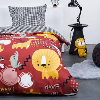 Happy leo - Parure de lit enfant imprimé en coton rouge 140x200cm