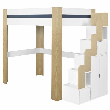 Alex - Pack lit mezzanine avec matelas bois massif blanc et bois 140x190 cm