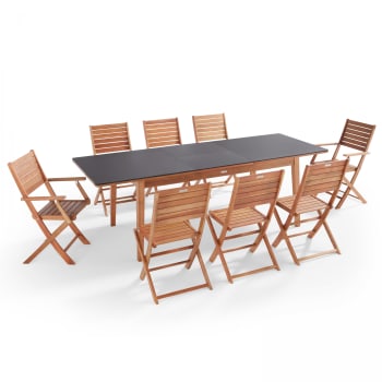 Arles - Ensemble table de jardin en eucalyptus extensible avec 8 assises
