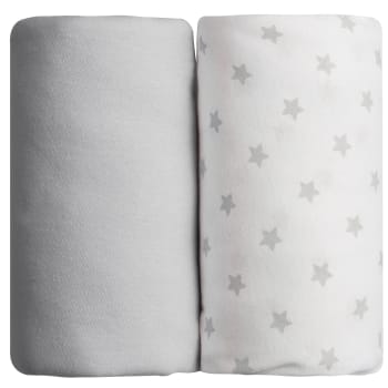 Lot de 2 draps housses bébé en coton gris et imprimé étoiles 70x140 cm