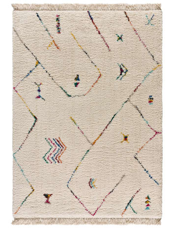ZIRI - Tapis shaggy avec franges en blanc à motifs multicolore, 135x190 cm