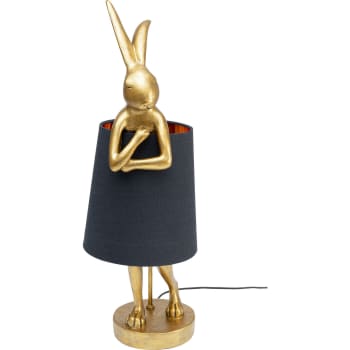 Animal - Lampe lapin en polyrésine dorée et abat-jour en lin noir H68