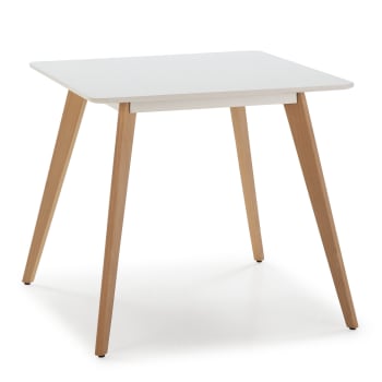 AROA - Table à manger blanche, pieds en bois de hêtre, 80x80 cm