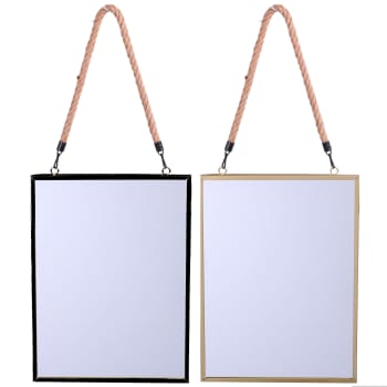 Set de 2 miroirs rectangulaires suspendus corde noir et doré - 40x30cm