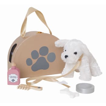 Peluche chien avec son sac et accessoires en bois