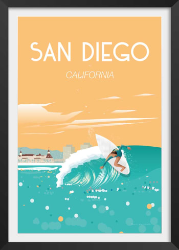 Affiche ville voyage San Diego California avec cadre noir 20x30cm