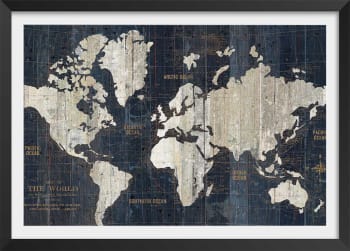Affiche carte du monde voies navigables avec cadre noir 90x60cm