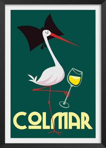 Affiche cigogne de Colmar avec cadre noir 40x60 cm