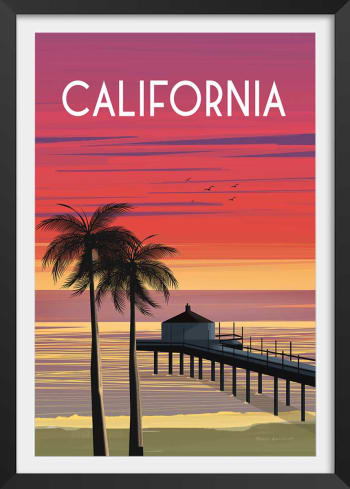 Affiche ville voyage California dream avec cadre noir 20x30cm