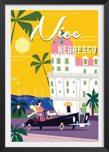 Affiche vacances à Nice avec cadre noir 40x60 cm