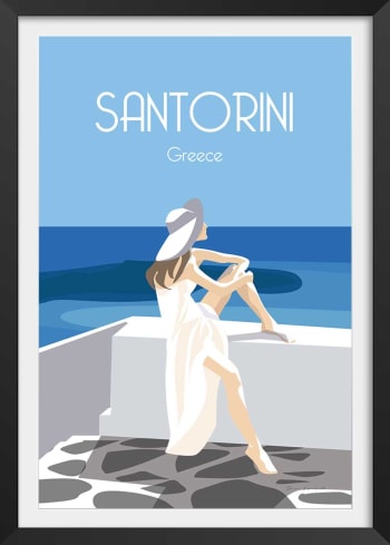 Affiche voyage le bleu de Santorin avec cadre noir 20x30cm