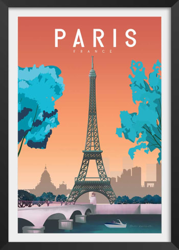 Affiche ville retro Paris France avec cadre noir 30x45cm