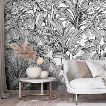 Papel pintado jungla de plataneros en blanco y negro 159x280cm