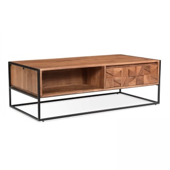 Letels - Tavolino basso con cassetto in acacia massello 120 x 60 x 40 cm