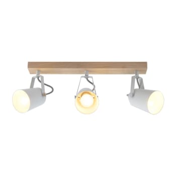 DERA - Lampe de plafond en bois et 3 spots en métal blanc orientables