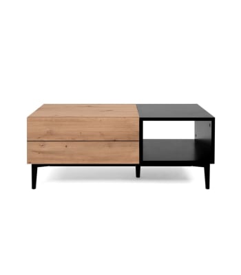 Nola - Tavolino basso 1 cassetto L100 cm - Decorazione legno chiaro e nero