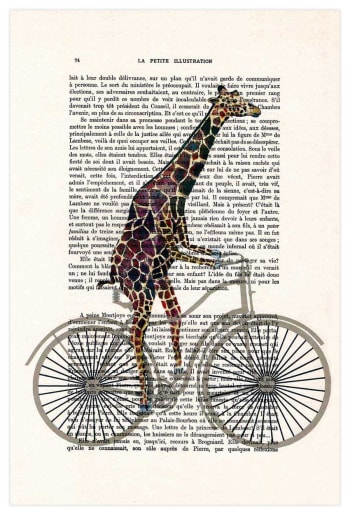 ANIMALI - Stampa decorativa giraffa su bicicletta, senza cornice. 70x50 cm