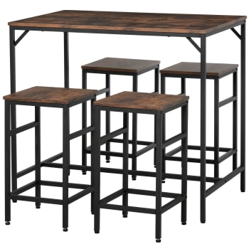 Homcom - Set tavolo alto con 4 sgabelli in metallo e legno marrone rustico