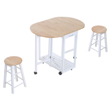 Set 3 pezzi con tavolo pieghevole e 2 sgabelli bianco e legno