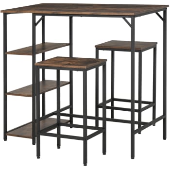 Homcom - Set tavolo alto con 2 sgabelli e scaffale in metallo e legno marrone