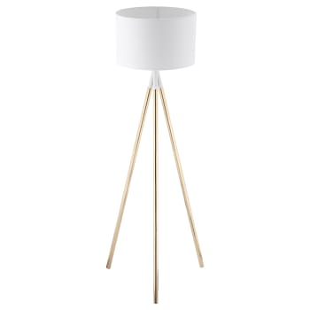 Lampada treppiede con base in legno bianco e paralume in tessuto bianco