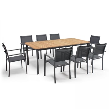 Tempa - Table de jardin en aluminium/teck et 8 fauteuils