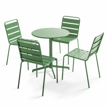 Palavas - Ensemble table de jardin ronde et 4 chaises vert cactus