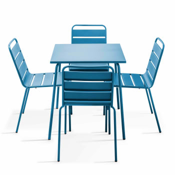 Palavas - Ensemble table de jardin et 4 chaises en métal bleu pacific