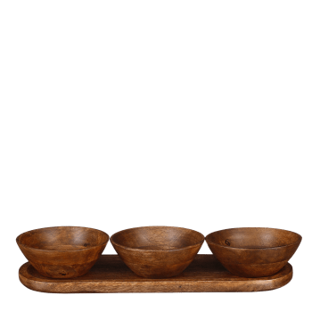 Tomar - Vassoio per snack in marrone scuro con 3 ciotole in legno di mango