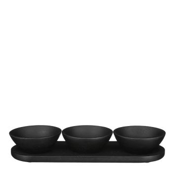 Tomar - Vassoio per snack in nero con 3 ciotole in legno di mango