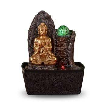 HAKA - Fontaine Zen Bouddha et Mur d'eau en résine marron et doré - H 25cm