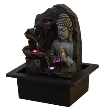 SPIRITUALITE - Fontaine bouddha et 3 Cascades de lotus en résine marron - H26 cm