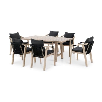 ZANZÍBAR - Conjunto mesa y sillas jardín 6 plazas madera y cuerda negra