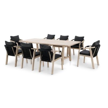 Conjunto mesa redonda jardín 150 cm y 6 sillas de madera y cuerda ZANZÍBAR