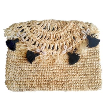 POCHETTE TRESSEE ARGENTEE JUTE ET GALONS ET POMPONS STYLE PLAGE