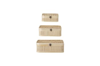 Jach - Set di 3 scatole portaoggetti con coperchio in rattan beige