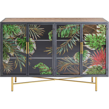 Jungle - Buffet 4 portes en verre motifs feuilles et acier noir