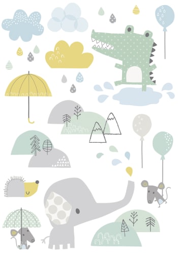 MURS - Planche de stickers animaux sous la pluie multicolore