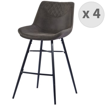 Queens - Chaises haute industrielle micro vintage marron foncé/métal noir (x4)